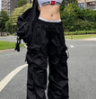 Y2K Parachute Black Pants Women Hippie Streetwear Oversize Pockets Cargo Trousers Harajuku Wide Leg Baggy Sweatpants