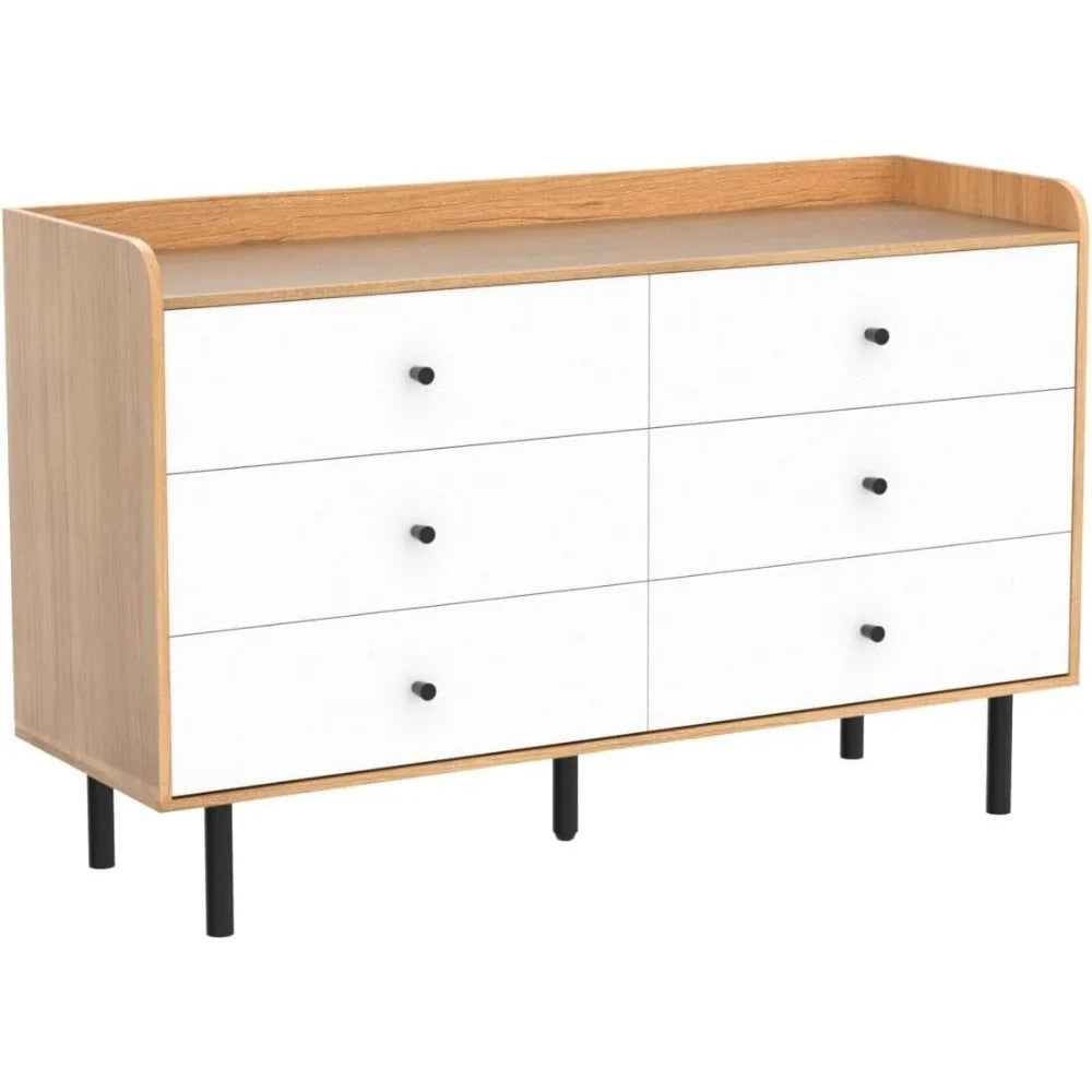 Wooden Dresser for Bedroom, Natural Rattan Dresser with Drawers 6 Drawer Chest of Drawers, Double Dressers Chest for Living Room