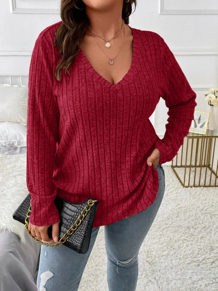 GIBSIE Plus Size Women's Casual V-Neck Long Sleeve Tees Shirt 2024 Spring Autumn Fashion Loose Ribbed Knit Tops for Women