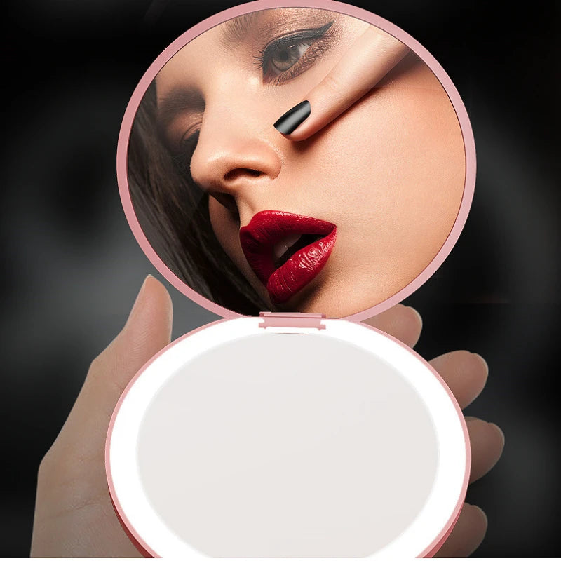 Women 2 Side Folding Makeup Compact Pocket Mirror Personalized Small LED Light Cosmetic Luminous Effect Pink White Mini Mirror