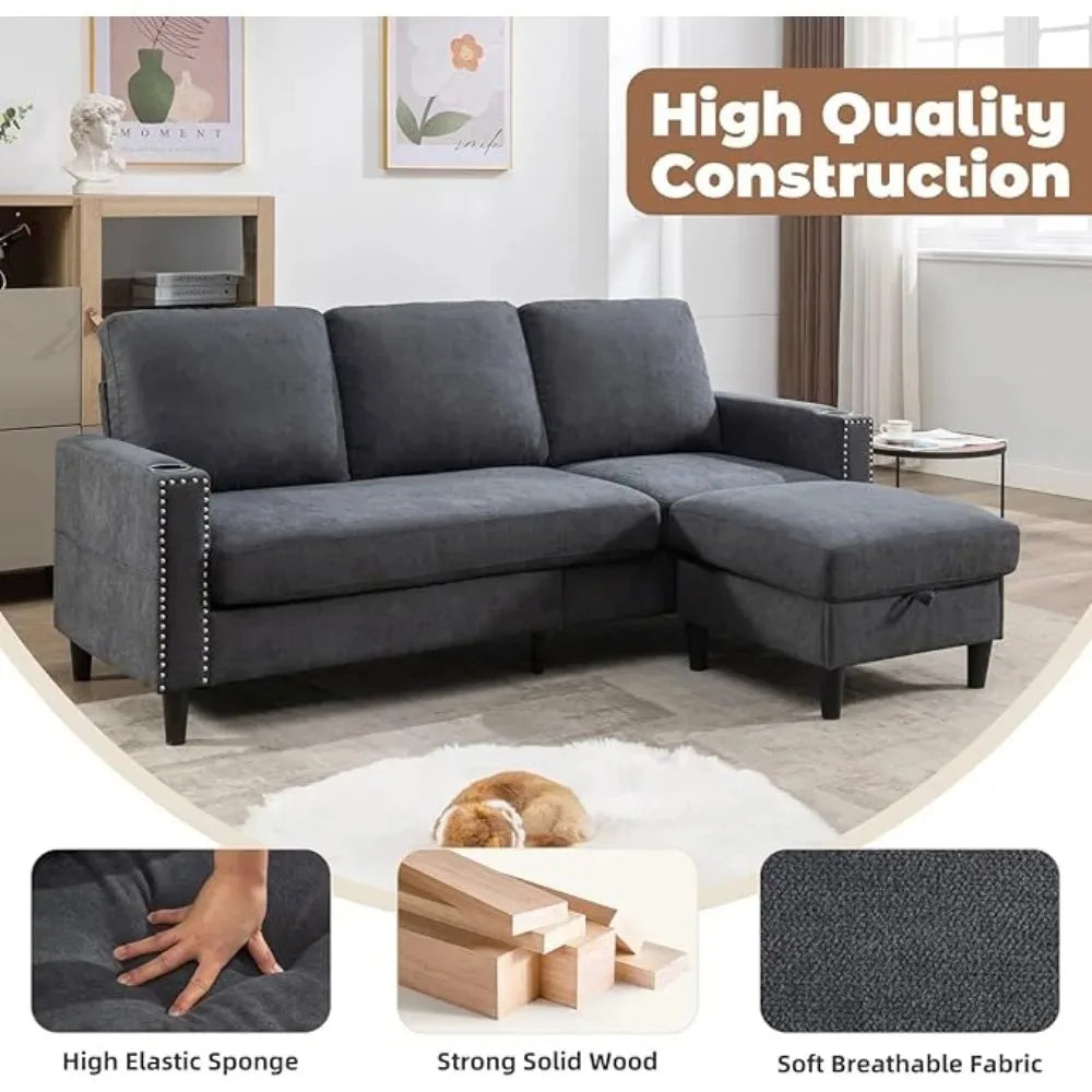 Sectional Sofa with Ottoman Nail-Head Design Linen Right Facing Modern Couches with Cup Holder L Shaped Sectional Sofa