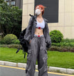 Y2K Parachute Black Pants Women Hippie Streetwear Oversize Pockets Cargo Trousers Harajuku Wide Leg Baggy Sweatpants