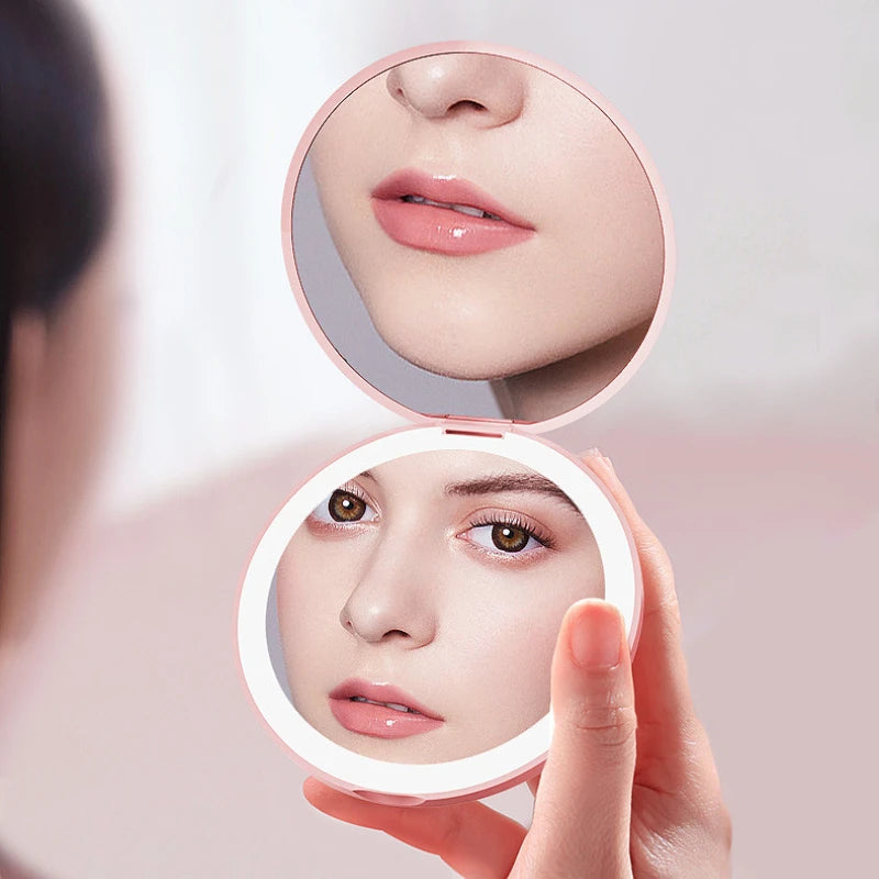 Women 2 Side Folding Makeup Compact Pocket Mirror Personalized Small LED Light Cosmetic Luminous Effect Pink White Mini Mirror