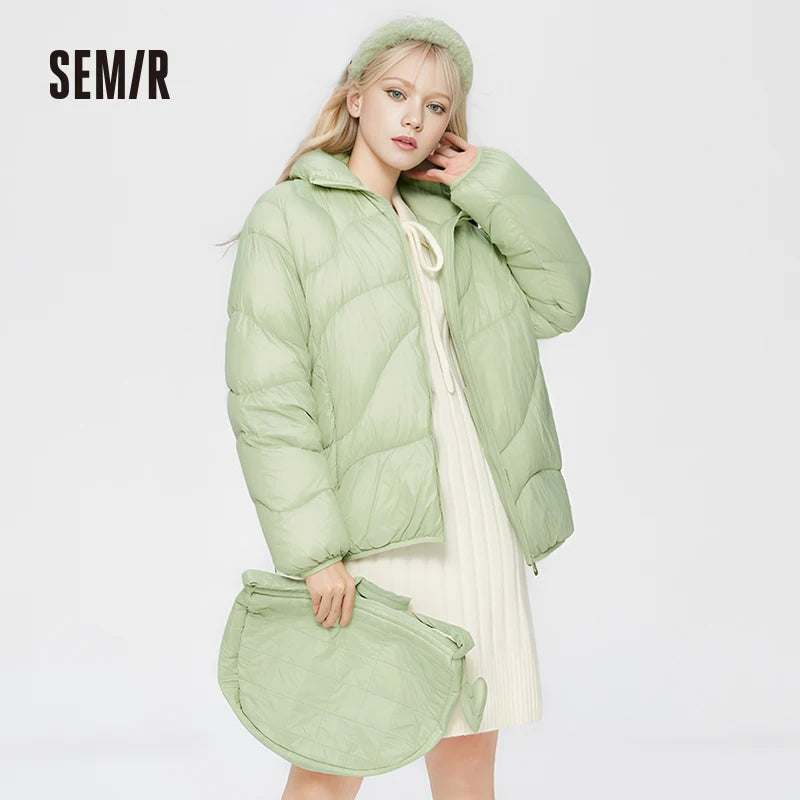 Semir Down Jacket Women Solid Color Design Sense 2022 Winter New Three-Proof Loose Stand-Up Collar Coat Ladies All-Match