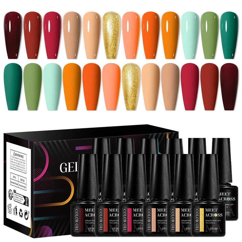 MEET ACROSS 12Pcs/Set 7ml Macaron Gel Nail Polish With Box Semi Permanent UV Gel  Soak Off Nail Art Kit Varnish For Manicure