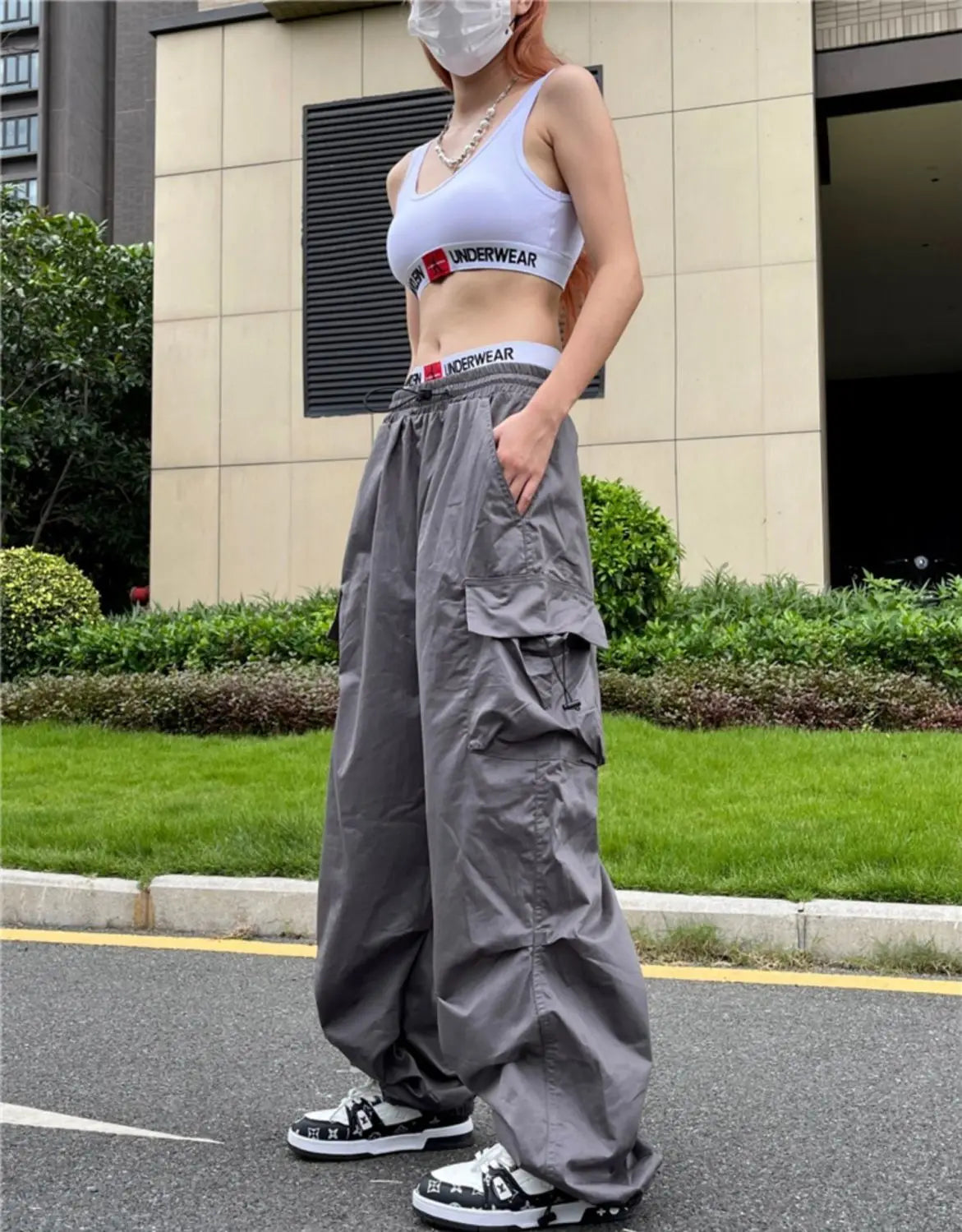 Y2K Parachute Black Pants Women Hippie Streetwear Oversize Pockets Cargo Trousers Harajuku Wide Leg Baggy Sweatpants