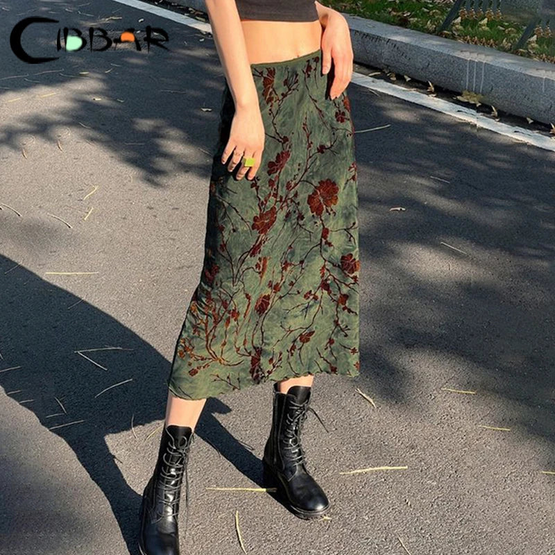 CIBBAR Harajuku Floral Print Long Skirt Vintage Low Rise Straight Midi Skirts for Women Autumn Basic All-match Skirts Ladies Y2k