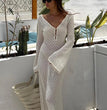 Sexy Women White Long Knit Sleeve Bikin Fashion Cover up Female See-Through Deep V-Neck Hollow-Out Beach Knitwear Backless Dress