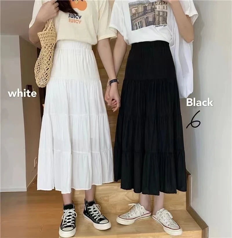 Spring Summer Women Skirts Vintage High Waist Elastic Patchwork White Black Chic Long Cake A-line Skirt