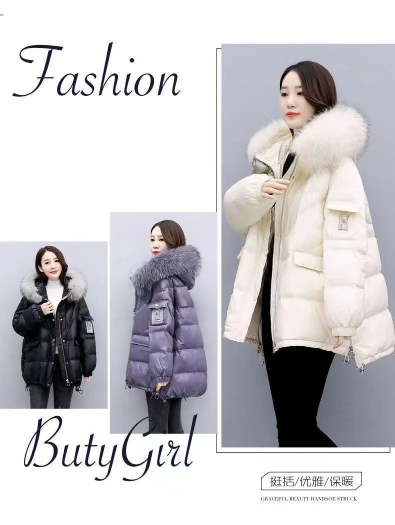 2024 Winter New Warm Down Cotton Jacket With Large Fur collar Hooded Coat Loose Women Thicken Parker Puffer Overcoat Casual wear