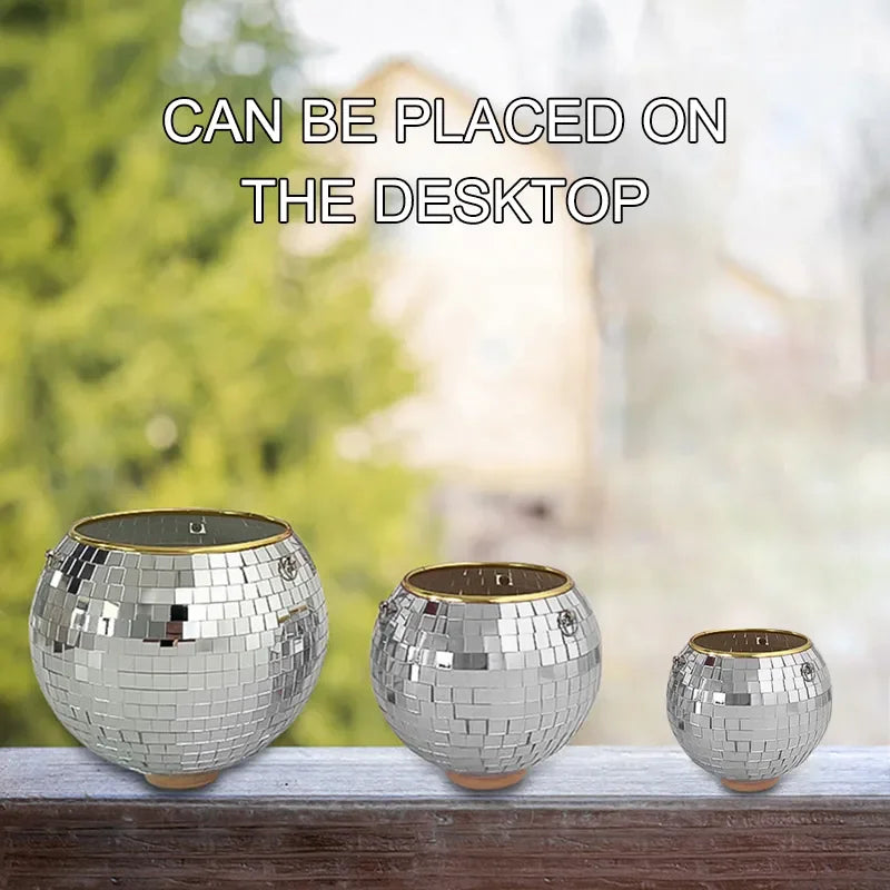 1PC Disco Ball Creative Round Flowerpot Hanging Basket Plastic Glass Mirror Plant Planting Pot Succulent Slivery