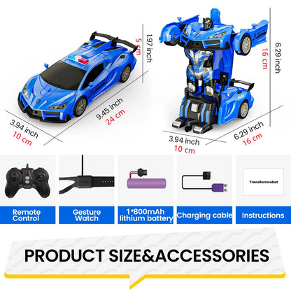 Sinovan Remote Control Police Car Toy Gesture Sensing with LED Light 2.4GHz One Button Transformation Robot RC Cars for Kids