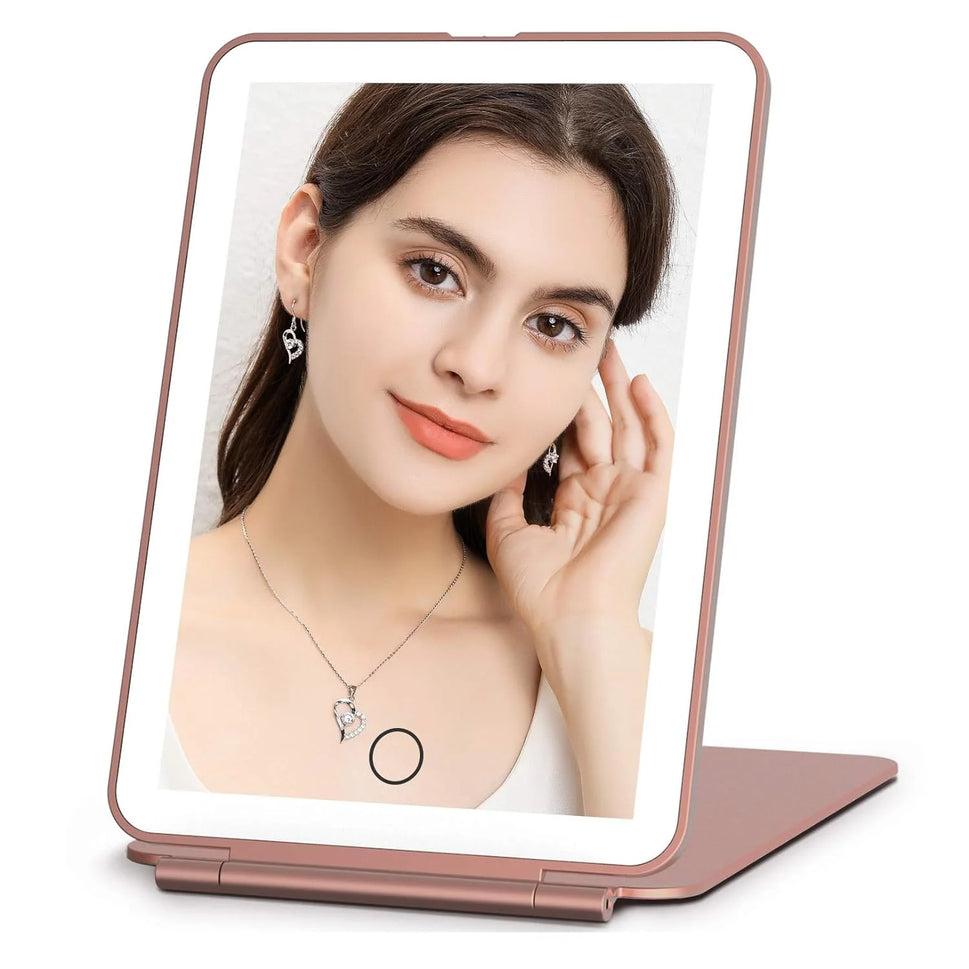 LED Foldable Travel Makeup Mirror 3 Colors Light Modes USB Rechargeable Touch Screen Portable Tabletop Cosmetic Mirror PINK