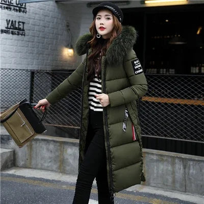 2024 Women's Down Parkas Winter Jacket Big Fur Collar Thick Slim Coat Fashion Hooded Cotton Outerwear Long Winter Woman Coat