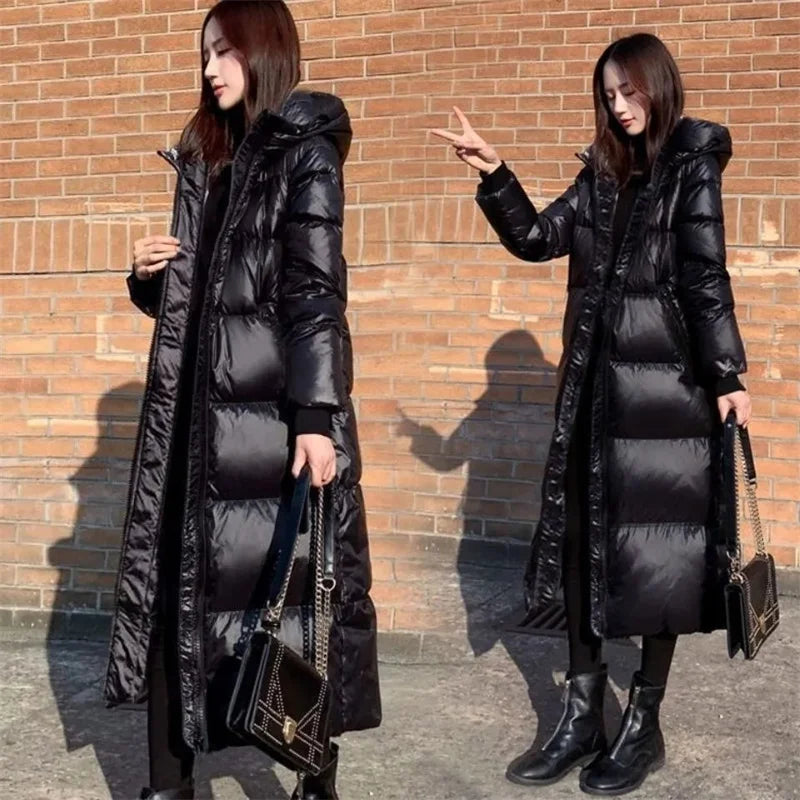 Korean Lady Long Bright Puffer Coat Autumn Winter Female Large Size 4XL Warm Down Cotton Jacket 2024 Women Black Parka Sown Wear