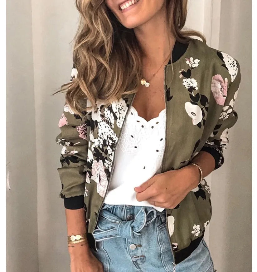 Women Elegant Zipper Bomber Jacket Spring Autumn Floral Printed Jackets Office Wear Slim Office Coat Retro Outwear