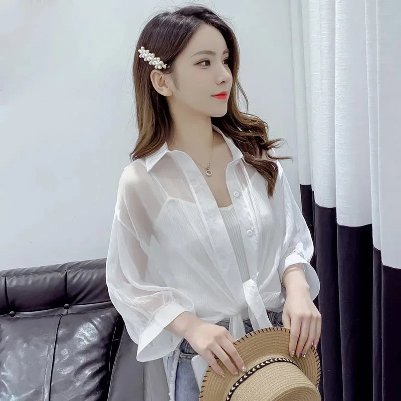 Casual Loose Hollow White Clothes Elegant Solid Color Tied Waist Blouse Women Summer Bat Half Sleeve Button Chiffon Shirt 9776