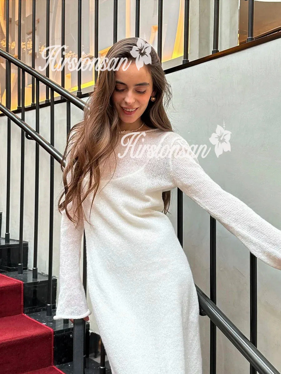 Hirsionsan Spring Autumn O-Neck Elastic Knit Long Dresses Women 2024 Elegant Chic Soft Lady Hollowing Sweater Dresses Femme New