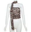 Women Tulle Leopard Print Top with Bandeau Off-the-shoulder Straight-cut Neckline Summer Casual Girls for Summer Blouse