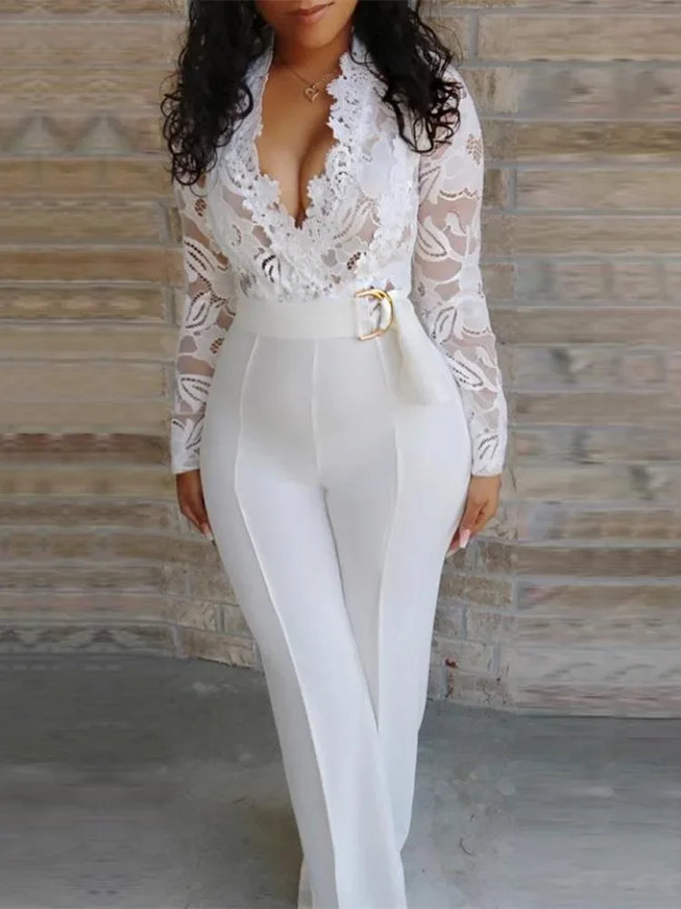 New In Jumpsuit Women White Overalls Party Lace Rompers Bodysuit One Piece Long Sleeve V-neck Long Pants Y2k Elegant Spring Work