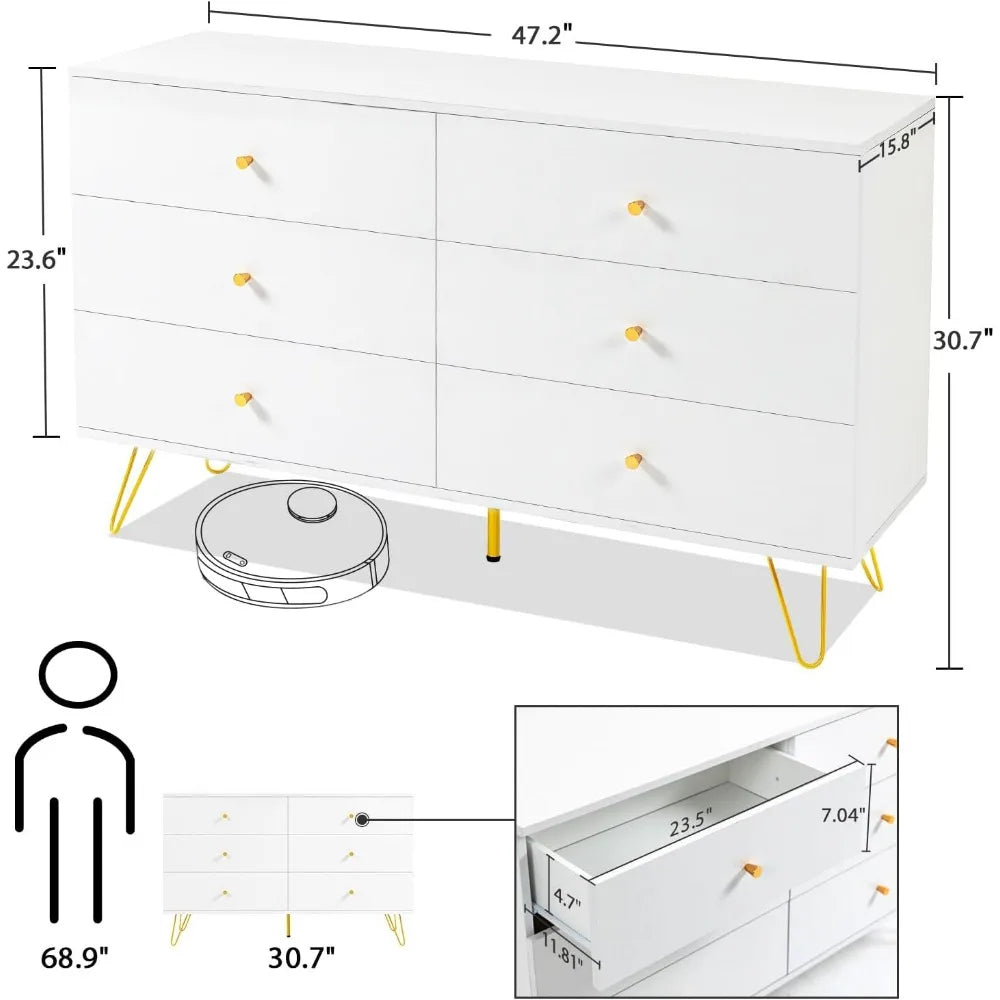 Wooden Dresser for Bedroom, Natural Rattan Dresser with Drawers 6 Drawer Chest of Drawers, Double Dressers Chest for Living Room