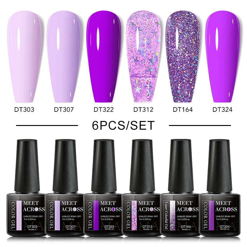 MEET ACROSS 6PCS/SET Macaron Series Gel Nail Polish Set Glitter Semi Permanent UV Nail Kit Base Matte Top Coat Nail Art Manicure