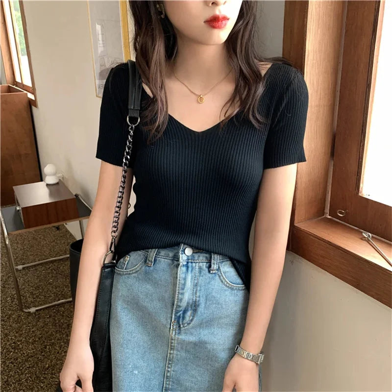 Basic V-neck Solid Thin Summer Pullover Women Female Knitted Ribbed Sweater Slim Short Sleeve Bodycon Sweater