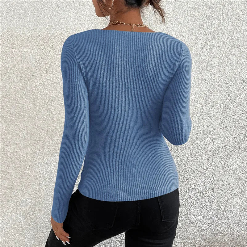 2024 Autumn Winter Women Solid Rib Knit V Neck Stripe Pull Sweater Femme Y2k Long Sleeve Pullover Jersey Tops Fashion Clothes