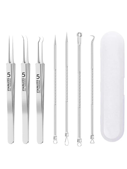 1/7pcs Stainless Steel Splinter Acne Clip Cell Tweezer Blackhead Clip Pimple Pin Beauty Salon Acne Removal Acne Needle Tools