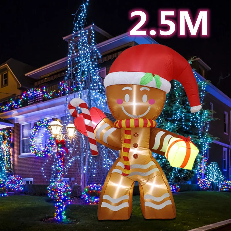 2.5M Inflatable Christmas Decorations Giant Gingerbread Man Xmas Bumble Inflatable Ornament with Build-in 6 LED Kids Outdoor Toy