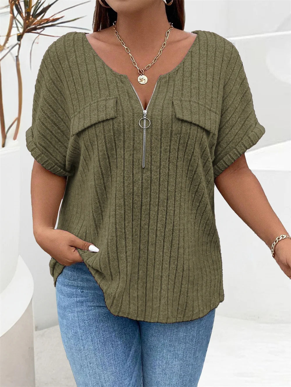 GIBSIE Plus Size Solid O-Ring Zip Front T Shirt for Women Summer 2024 O-Neck Short Sleeve Rib Knit Casual Tees Tops Female