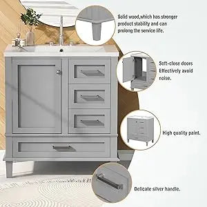 Bathroom Vanity Cabinet Sink 30”, Single Sink Top Combo Set with Drawers Storage, Bathroom Sink Cabinet 30*34*18(Without Faucet)