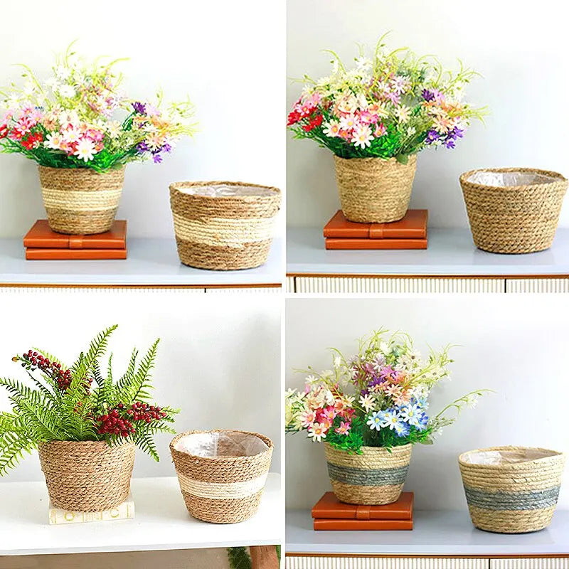 Handmade Woven Planter Basket Laundry Storage Decorative Basket Straw Wicker Rattan Seagrass Garden Flower Pot Storage Basket