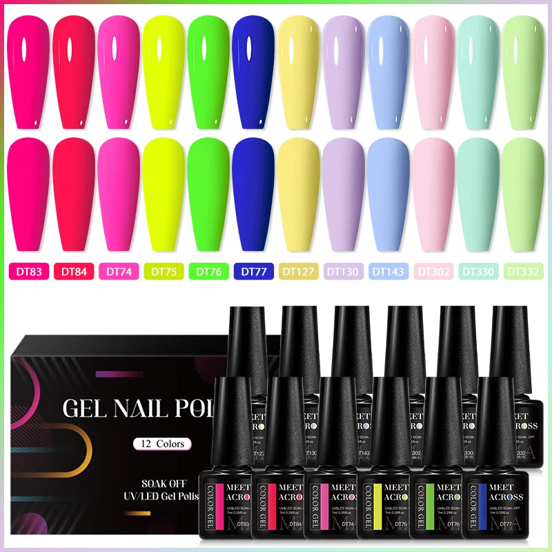 MEET ACROSS 12Pcs/Set 7ml Macaron Gel Nail Polish With Box Semi Permanent UV Gel  Soak Off Nail Art Kit Varnish For Manicure