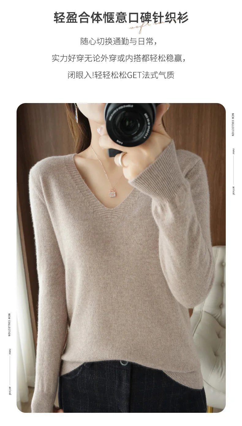 New Cashmere Women's V-neck Pullover Lace Neck Hollow Out Design Casual Knitted Long Sleeve Women's Sweater Autumn And Winter