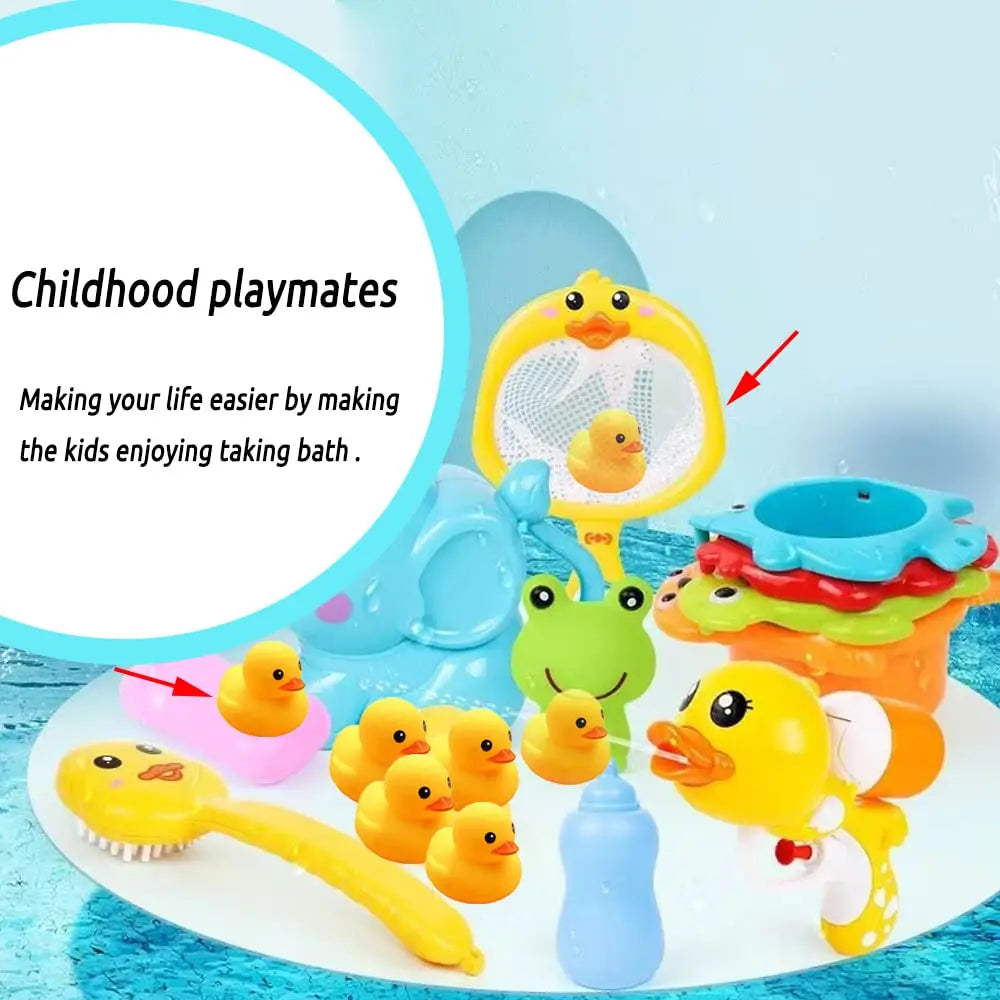 Baby Bath Toys for Kids Bathtub Duck Toy Set,Kids Floating Bath Toys with 6 Pcs  Ducks Fishing Net, Bathroom Toddler Toys Water