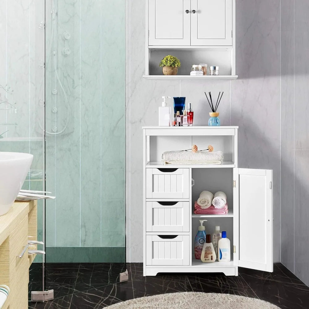 Bathroom Floor Cabinet Wooden Storage Organizer with Door and Drawers, Free-Standing Cupboard for Room/Bathroom Use