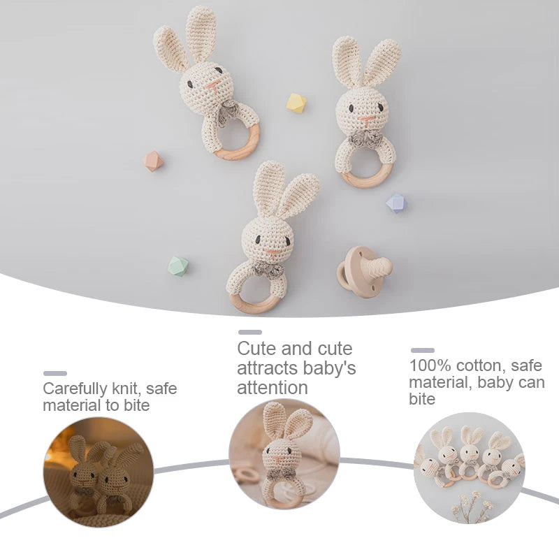 Baby Crochet Rattle Wooden Teether Toy BPA Free Wood Rodent Rabbit Rattle Baby Mobile Play Gym Newborn Educational Music Toys