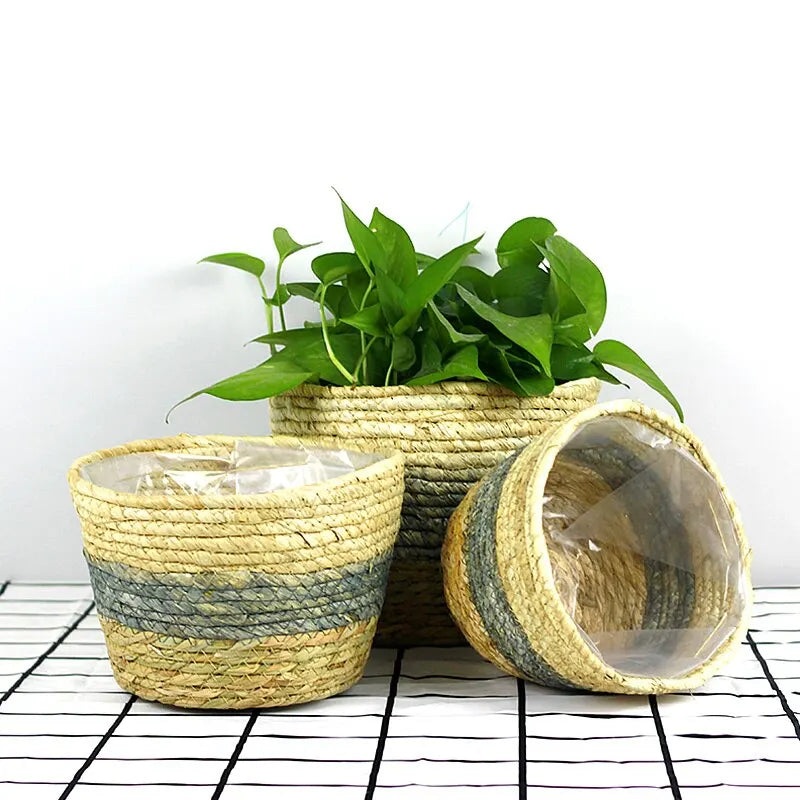 Handmade Woven Planter Basket Laundry Storage Decorative Basket Straw Wicker Rattan Seagrass Garden Flower Pot Storage Basket