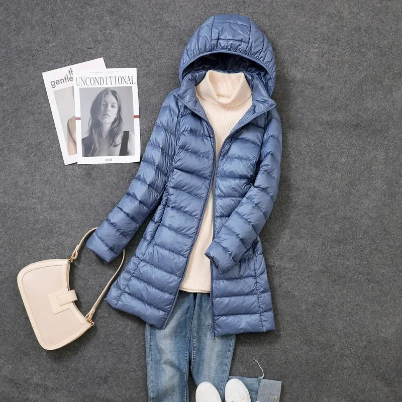 2024 Women Spring Jacket Ultralight Thin Packable Down Long Jacket  Female Hat Detachable Slim Fit Skirt Coat Portable Outwear