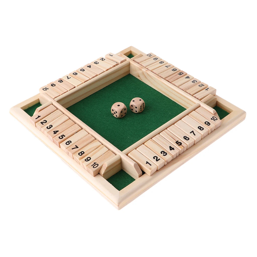 Dice Board Game Set Wooden 10 Numbers Flaps & Dices Game for 4 Players Party Club Drinking Games Family Entertainment