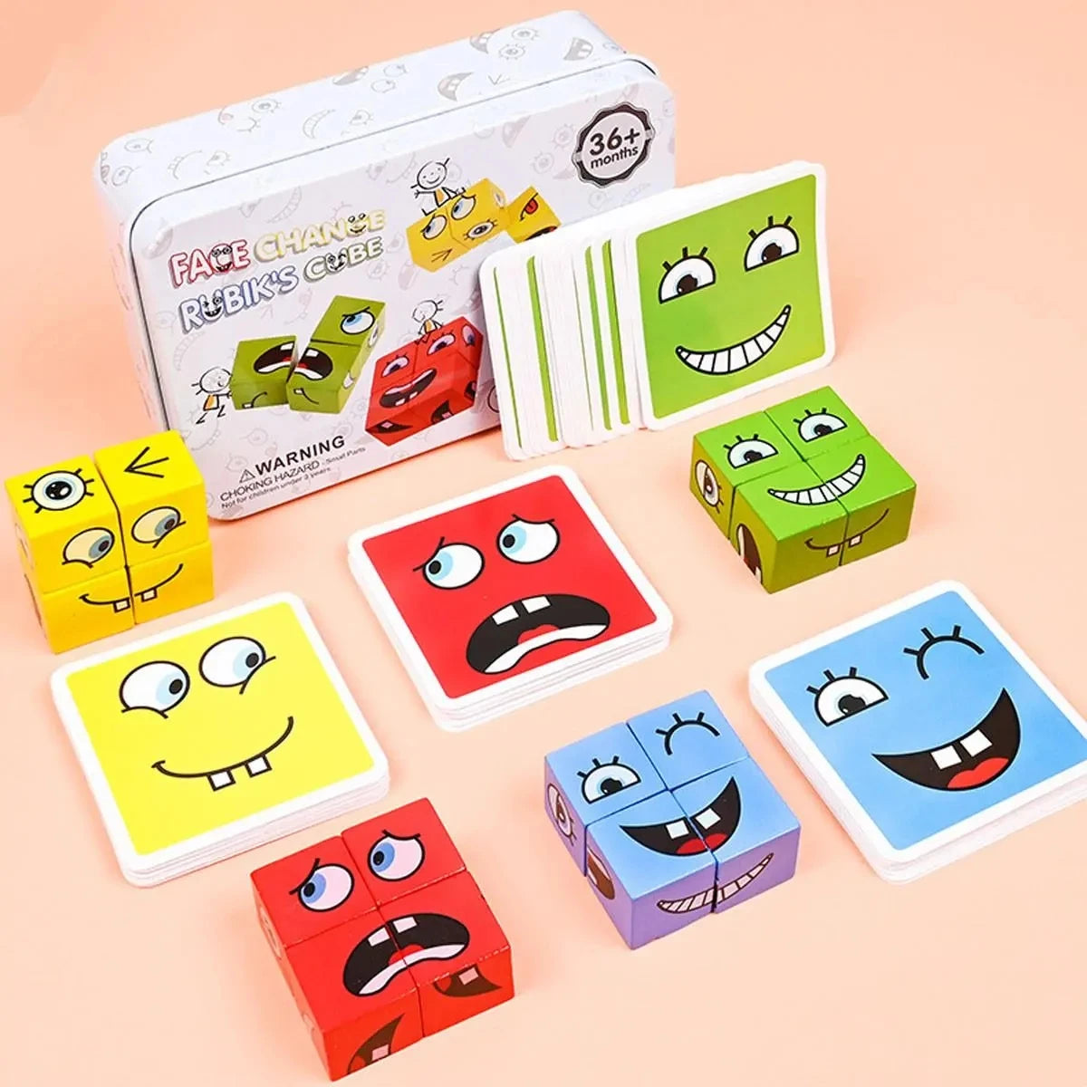 Kids Emotions Expression Game Wooden Cube Face Changing Board Cartoon Puzzle Toy Montessori Thinking Challenge Games