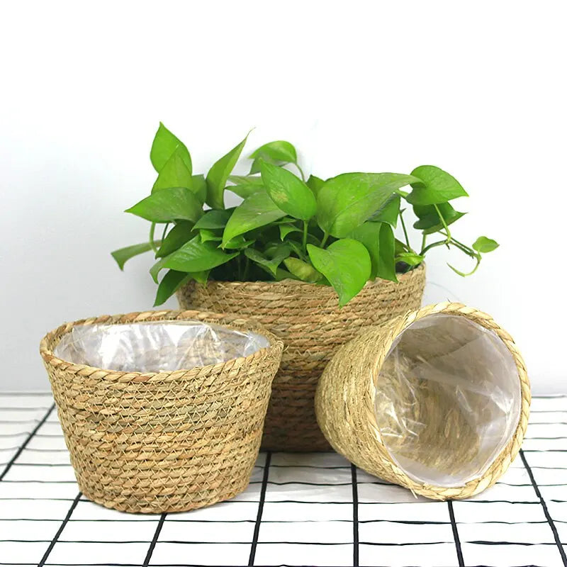 Handmade Woven Planter Basket Laundry Storage Decorative Basket Straw Wicker Rattan Seagrass Garden Flower Pot Storage Basket