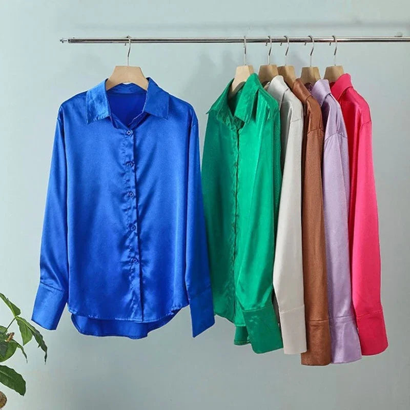 Elegant Satin Long Sleeve Women Shirt Vintage Silk Casual Loose Button Up Blouses Office Lady Tops