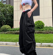 Y2K Parachute Black Pants Women Hippie Streetwear Oversize Pockets Cargo Trousers Harajuku Wide Leg Baggy Sweatpants