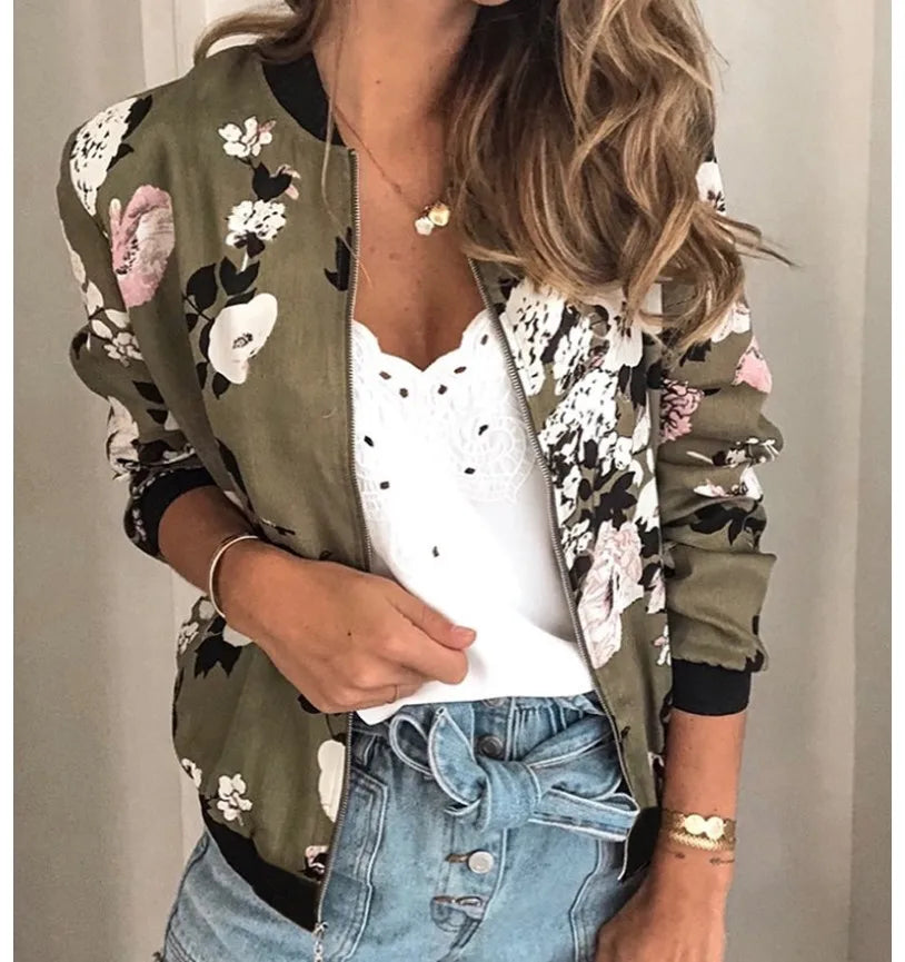 Women Elegant Zipper Bomber Jacket Spring Autumn Floral Printed Jackets Office Wear Slim Office Coat Retro Outwear