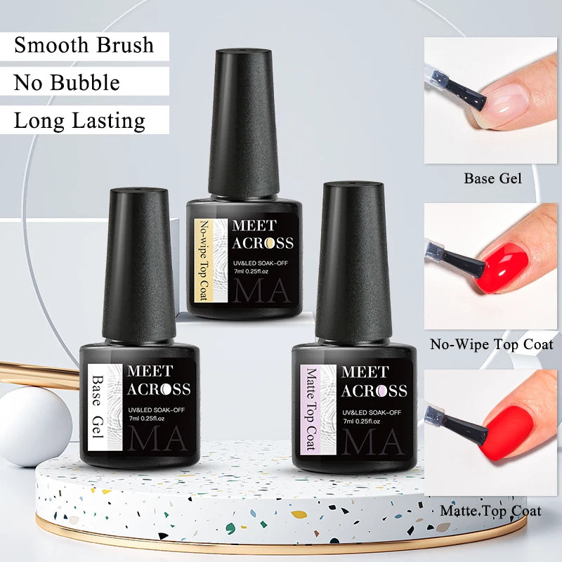 MEET ACROSS 7ml Base Top Coat Gel Polish Soak Off Semi Permanent UV Gel Nail Art Varnish Base Gel Top Coat Gel Varnish Manicure