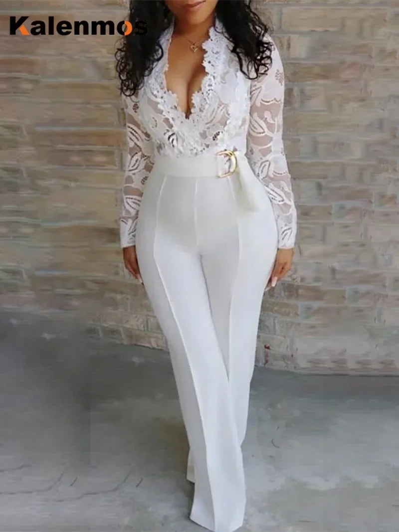 New In Jumpsuit Women White Overalls Party Lace Rompers Bodysuit One Piece Long Sleeve V-neck Long Pants Y2k Elegant Spring Work