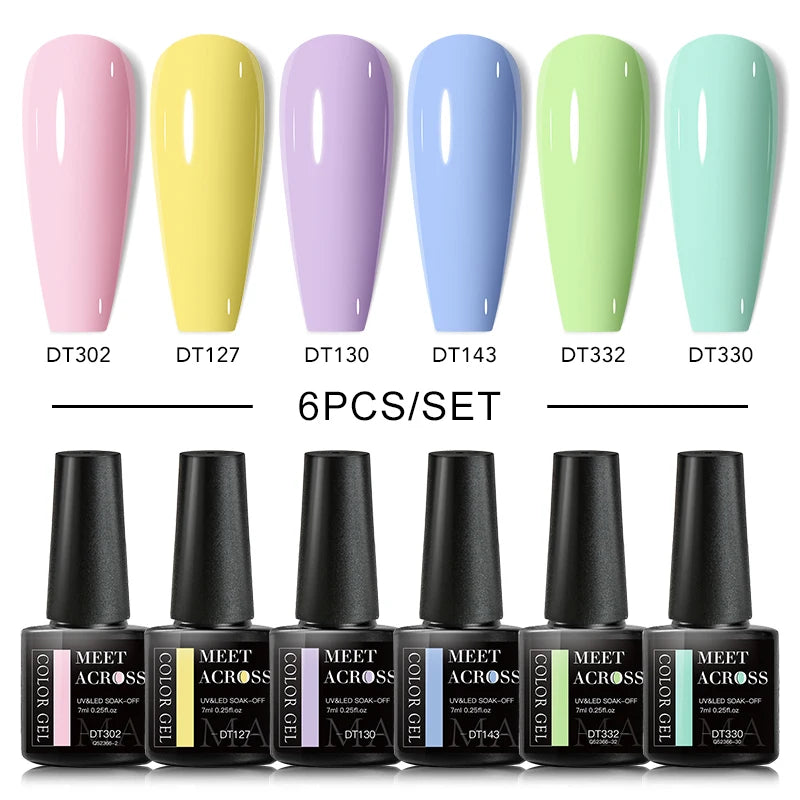 MEET ACROSS 6PCS/SET Macaron Series Gel Nail Polish Set Glitter Semi Permanent UV Nail Kit Base Matte Top Coat Nail Art Manicure