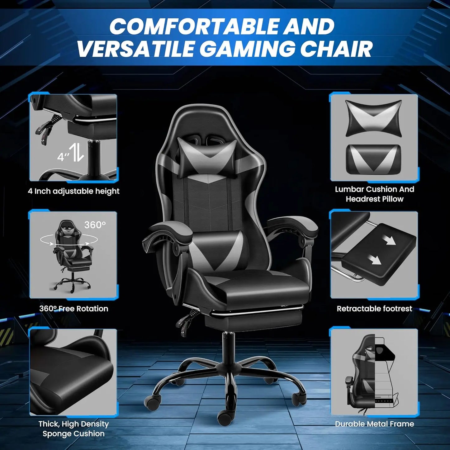 Gaming Chair, Backrest and Seat Height Adjustable Swivel Recliner Racing Office Computer Ergonomic Video Game Chair